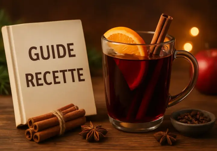 Un verre de vin chaud aux épices, avec un livre "Guide Recette". Quel vin pour un vin chaud ? Un vin rouge fruité et peu tannique est idéal.