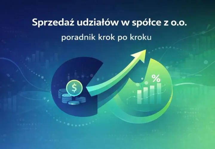 Sprzedaż udziałów w spółce z o.o. - poradnik. Grafika pokazuje rosnący wykres, symbol dolara i procent, sugerując zyskowną transakcję.