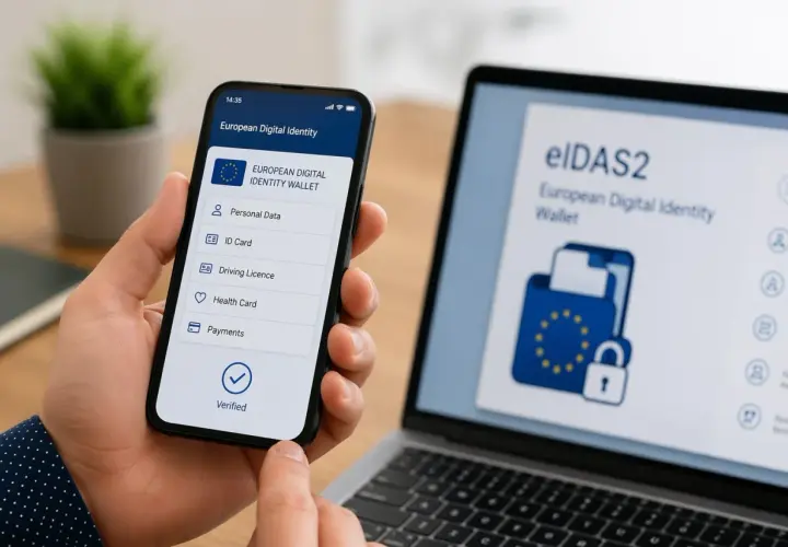 Mano sostiene smartphone con app "European Digital Identity Wallet" eIDAS. Laptop muestra el logo eIDAS2.