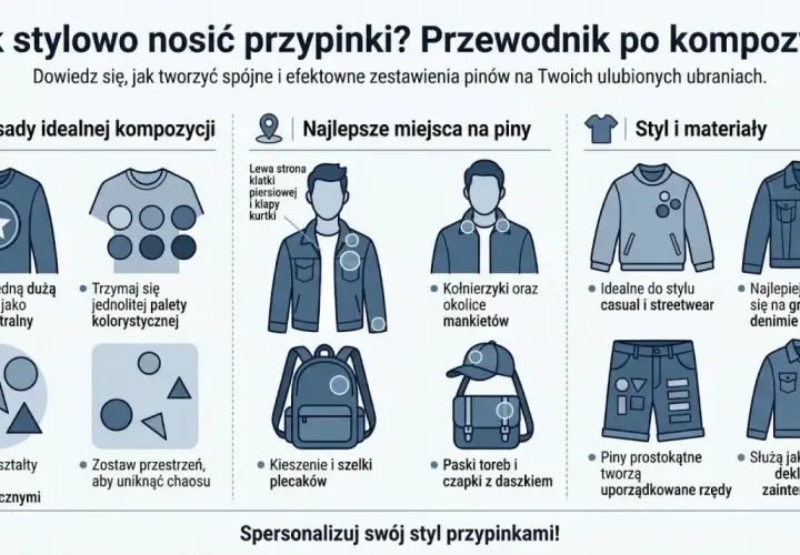 Przewodnik po kompozycji przypinek: zasady, miejsca, style. Wybierz dużą przypinkę jako punkt centralny, mieszaj kształty, by stworzyć spójny styl.