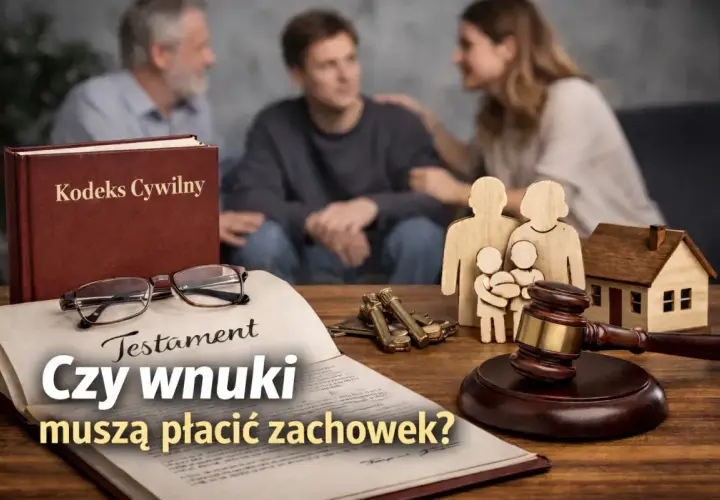 Testament i Kodeks Cywilny na stole. Rodzina w tle. Czy wnuki muszą płacić zachowek?