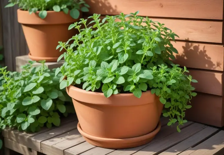 Frodig oregano i terrakottakruka, perfekt för dig som vill odla oregano och njuta av färska örter.