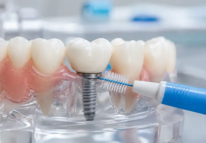 Modello dentale con impianto e spazzolino interdentale. Dopo la pulizia dei denti si può mangiare senza pensieri.