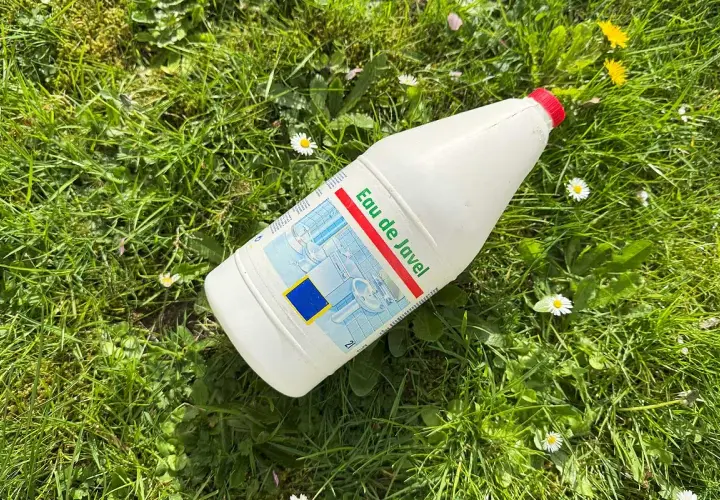 Bouteille d'eau de Javel posée dans l'herbe, parmi des pâquerettes. Un désherbant maison qui peut aussi servir pour le ménage.