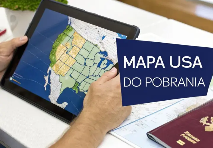 Osoba planuje podróż, przeglądając na tablecie mapę, która pokazuje, gdzie leżą Stany Zjednoczone. Obok leży paszport.
