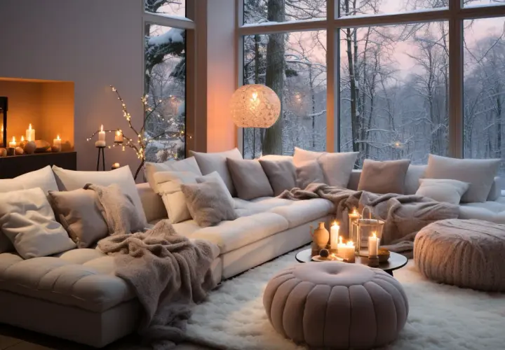 Przytulny salon w stylu cottagecore, z kominkiem, miękką kanapą i widokiem na zimowy las.