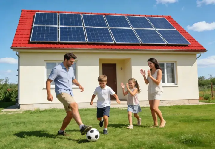 Rodzina gra w piłkę na trawniku przed domem z instalacją fotowoltaiczną 3 kW. Cena z montażem tej ekologicznej energii jest przystępna.