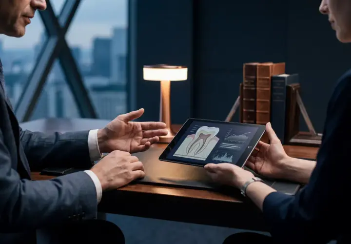 Analisi delle cause dei denti sensibili su un tablet, con un dentista che spiega a un paziente.