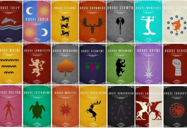 Affichettes des maisons de Game of Thrones : Loup, poisson, soleil, lion, cerf, etc. Chaque maison a son emblème et sa devise.