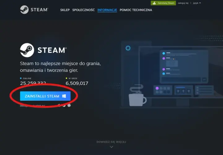 Przycisk "Zainstaluj Steam" na stronie głównej platformy, który pomoże Ci rozpocząć proces jak zainstalować Steam.