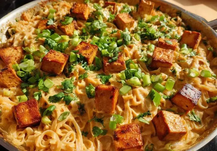Pyszny makaron z tofu w kremowym sosie, posypany szczypiorkiem i kolendrą. Idealny dla wegan.