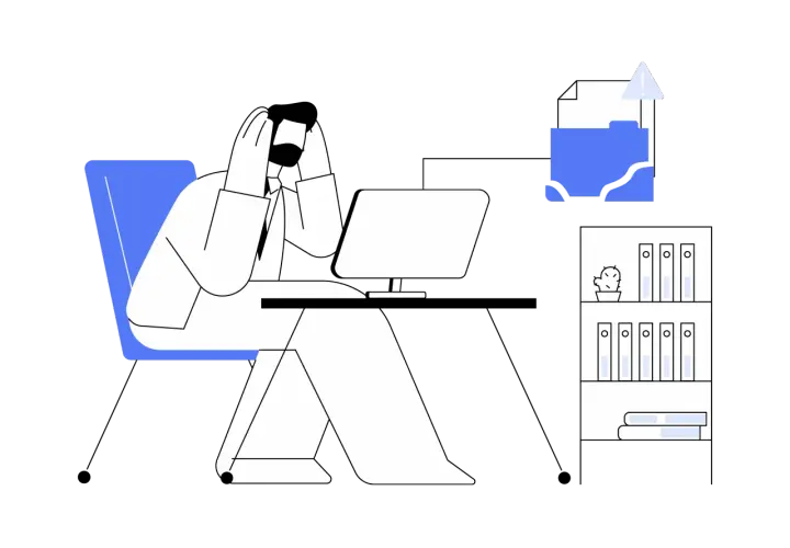 Un consultant GED stressé, mains sur la tête, face à un ordinateur. Un dossier bleu avec un point d'exclamation suggère un problème de gestion documentaire.