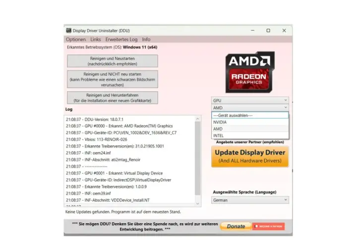 DDU Uninstaller zeigt die Treiberinformationen für AMD Radeon Graphics an. Das Programm ist auf dem neuesten Stand.