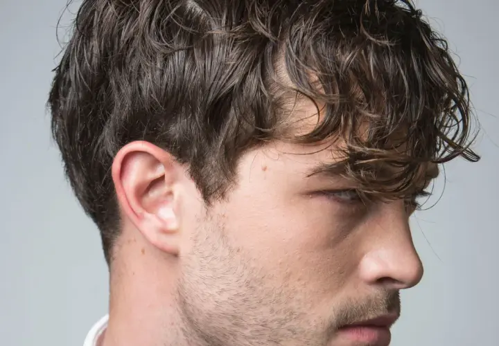 El pelo hombre, oscuro y ondulado, cae sobre su rostro. Se aprecian su oreja y parte de su barba incipiente.
