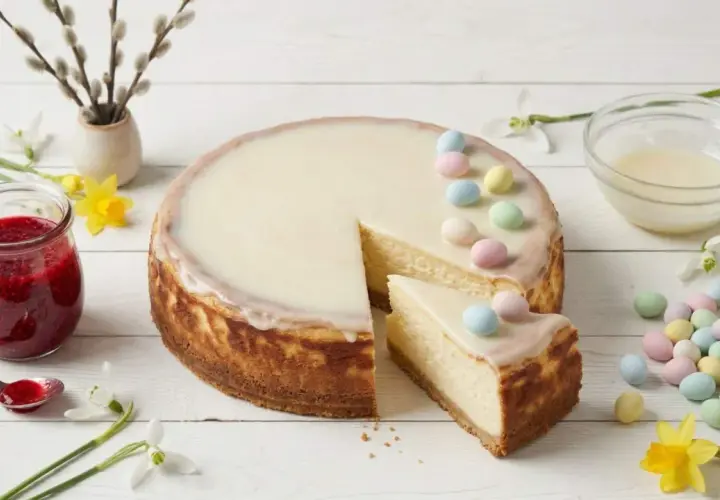 Pyszny sernik na Wielkanoc, udekorowany pastelowymi jajeczkami i lukrem. Obok słoiczek z konfiturą malinową i wiosenne kwiaty.