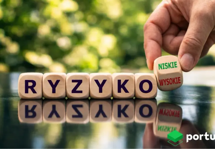 Kostki z napisem "RYZYKO" i kostka z opcjami "NISKIE" / "WYSOKIE" symbolizują transparentność co to, czyli jasność w ocenie ryzyka.