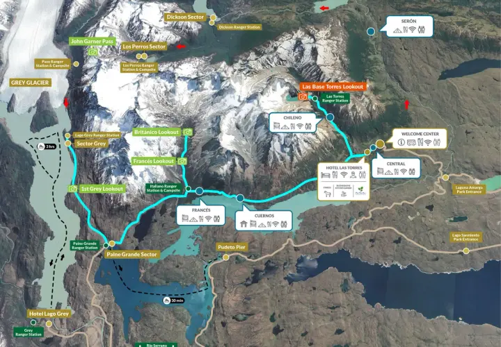 Karte von Torres del Paine Nationalpark mit Wanderrouten, Aussichtspunkten wie Británico Lookout und Unterkünften.