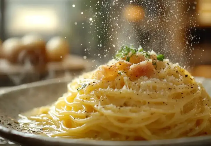 Pyszna carbonara, posypana startym serem, idealna na obiad. Jaki ser do carbonary? Najlepszy parmezan!