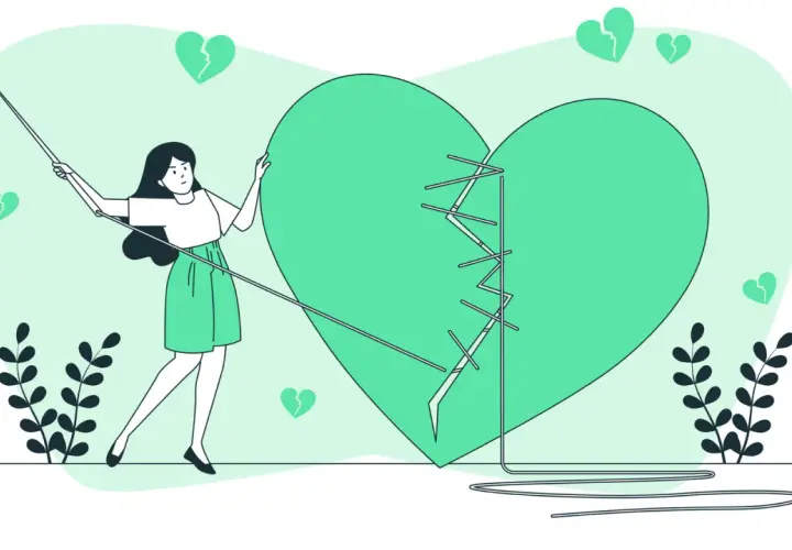 Una donna cuce un cuore spezzato, un simbolo di guarigione dopo relazioni difficili. Impara a riconoscere un narcisista per proteggerti.