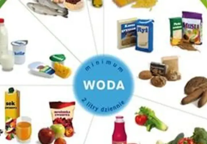 Talerz zdrowego żywienia: mleko, ryby, pieczywo, owoce, warzywa i minimum 2 litry wody dziennie.