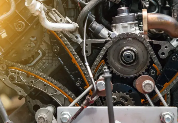 Widok mechanizmu rozrządu w silniku diesla. Zastanawiasz się, jak często wymieniać rozrząd w dieslu? Ten obraz pokazuje skomplikowany układ łańcuchów i kół zębatych.