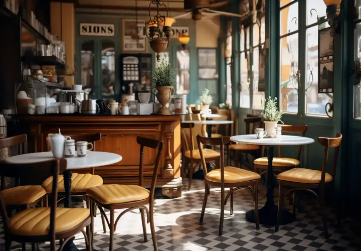 Przytulne bistro z drewnianym blatem, żółtymi krzesłami i stolikami. Słońce wpada przez okna, tworząc ciepłą atmosferę.
