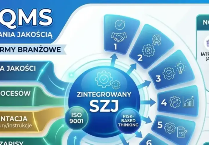 Schemat zintegrowanego SZJ (SCM system) z elementami polityki, mapy procesów, dokumentacji i norm branżowych.