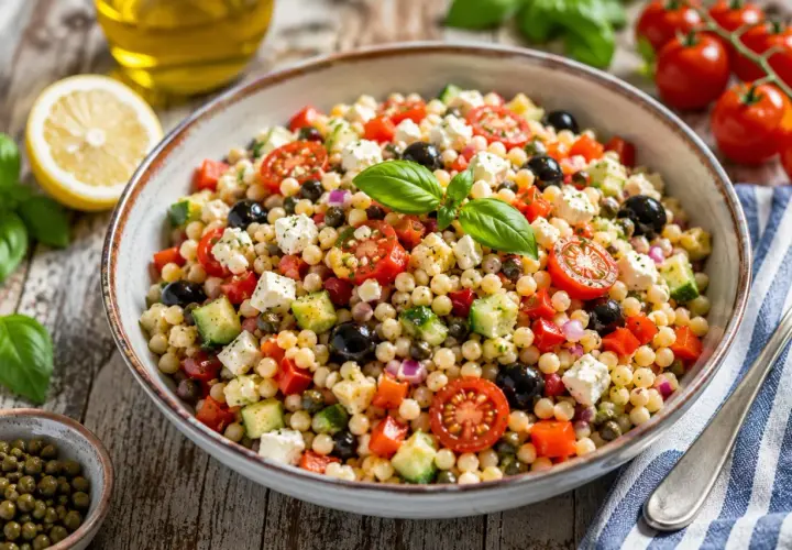 Bunter Salat mit Fregola Sarda, Tomaten, Gurken, Oliven und Feta. Ein köstliches fregola sarda rezept für den Sommer.