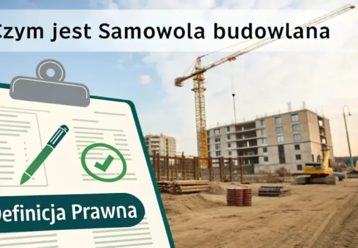 Tablica z tekstem "Czym jest Samowola budowlana" i "Definicja Prawna" na tle placu budowy z dźwigiem i budynkiem wznoszonym bez pozwolenia.