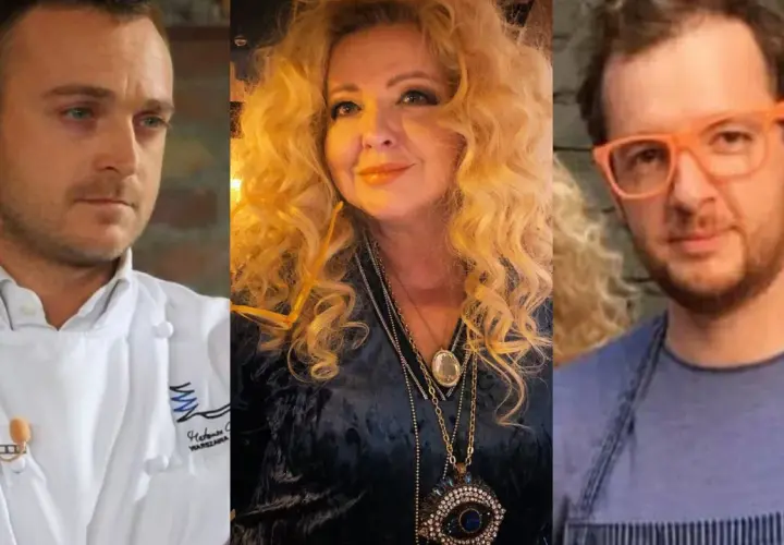 Trzech kucharzy: Magda Gessler z burzą blond włosów i dwaj mężczyźni w strojach szefów kuchni.