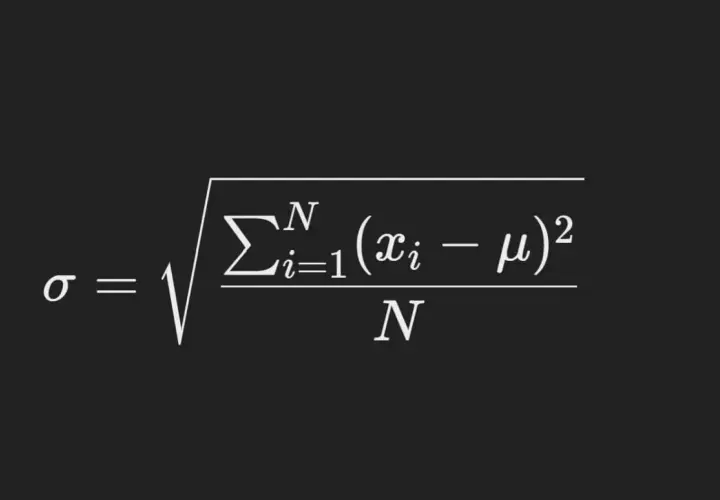 Formula per la deviazione standard (sigma), che misura la varianza di un set di dati rispetto alla media (mu).