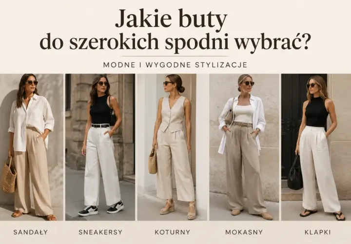 Pięć stylizacji z szerokimi, eleganckimi spodniami i różnymi butami: sandały, sneakersy, koturny, mokasny, klapki.