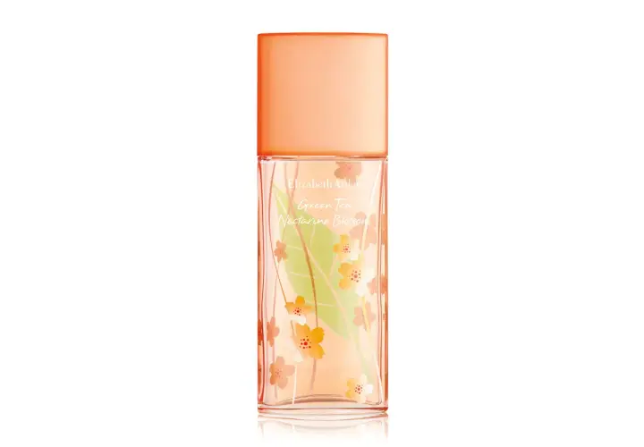 Perfum Elizabeth Arden Green Tea Nectarine Blossom z delikatnym motywem fleur de thé.