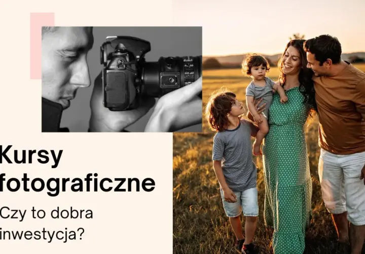 Kursy fotograficzne: mężczyzna z aparatem i szczęśliwa rodzina na tle zachodzącego słońca. Czy to dobra inwestycja?