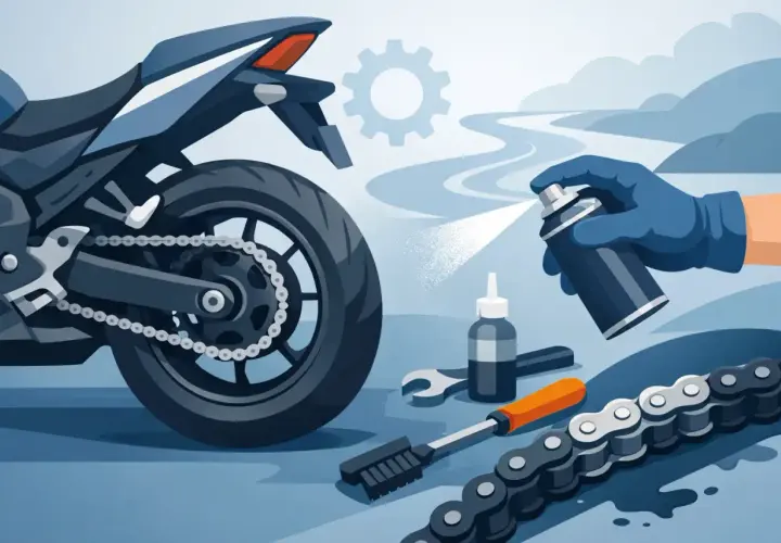 Manutenzione moto: spray lubrificante per la catena, spazzola e chiave inglese pronti per la **tensione catena moto**.