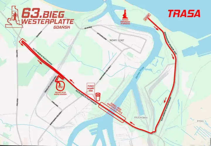 Mapa trasy 63. Biegu Westerplatte w Gdańsku. Trasa biegnie przez tereny portowe, obok Pomnika Obrońców Wybrzeża, przez tunel pod Martwą Wisłą, do mety na Polsat Plus Arena Gdańsk.