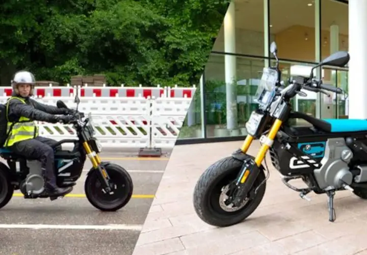 Zwei BMW E-Scooter: links ein Fahrer mit Helm und Warnweste, rechts ein Roller vor Gebäude.