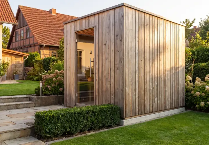 Moderne Gartensauna aus Holz mit Glasfront, perfekt für das eigene Wellness-Erlebnis im Garten. Ein Traum für alle, die eine Gartensauna selber bauen möchten.