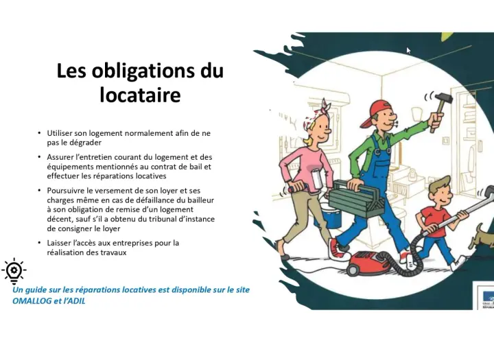 La liste des obligations du locataire inclut l'entretien du logement et le paiement du loyer. Une famille s'occupe des réparations.
