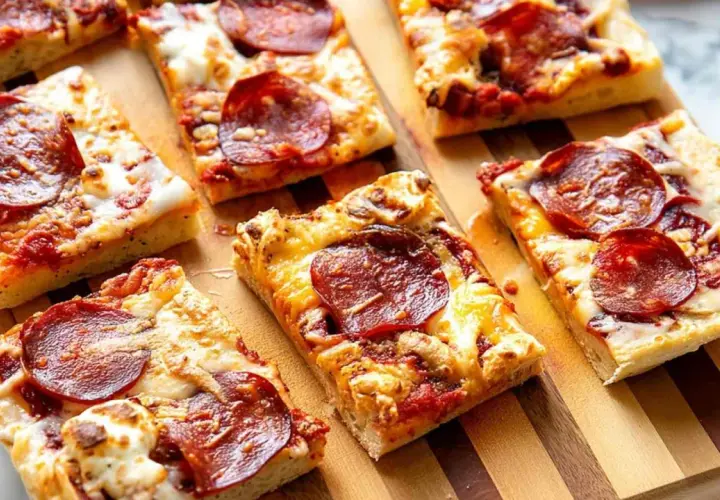Kawałki pizzy pepperoni na desce. Dowiedz się, jak podgrzać pizzę na patelni, by była idealnie chrupiąca.