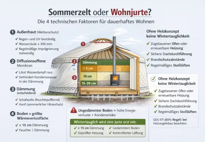 Illustration einer Jurte als Wohnhaus mit detaillierter Darstellung der Dämmung und der vier Faktoren für dauerhaftes Wohnen.