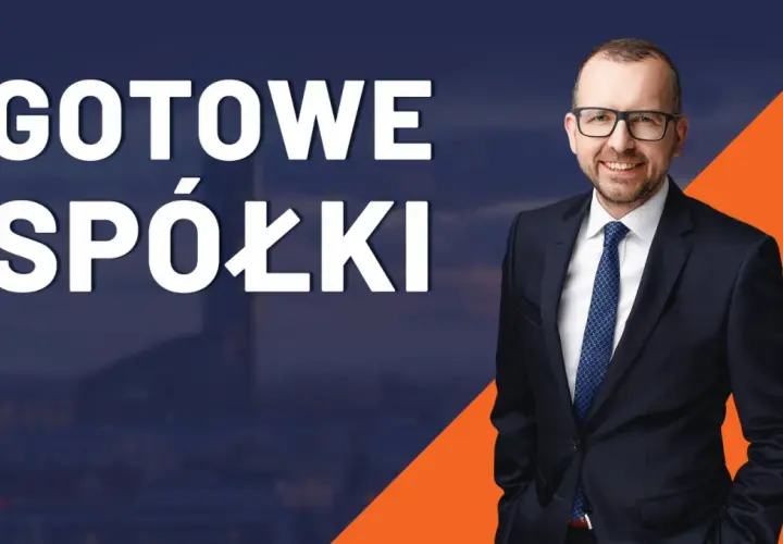 Mężczyzna w garniturze obok napisu "GOTOWE SPÓŁKI". Oferujemy gotowe spółki, które pomogą Ci szybko rozpocząć działalność.