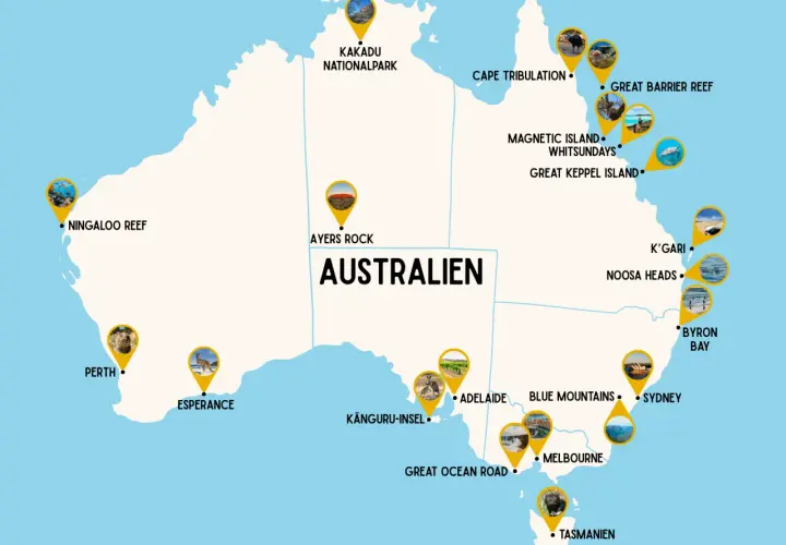 Karte mit Australien-Highlights: Kakadu NP, Great Barrier Reef, Ayers Rock, Ningaloo Reef, Sydney, Melbourne, Tasmanien.