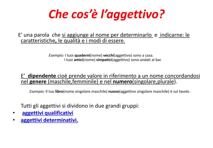 Spiegazione di cos'è l'aggettivo, con esempi di aggettivi qualificativi e determinativi.