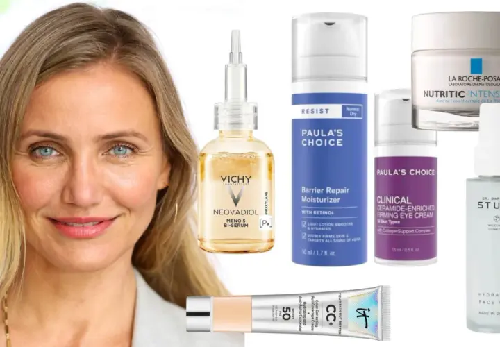 En kvinna med blont hår och blå ögon omgiven av hudvårdsprodukter, inklusive Vichy Neovadiol Meno 5 Bi-Serum, perfekt för hudvård under klimakteriet.