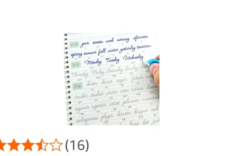 Cuaderno de caligrafía inglesa con palabras como "year", "season", "week", "morning", "afternoon", "spring", "summer", "fall", "winter", "yesterday", "tomorrow", días de la semana y profesiones.