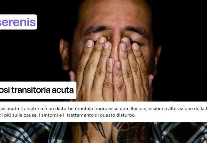 Uomo con le mani sul viso, coperto da un'ombra. Titolo: Psicosi transitoria acuta. Descrizione: disturbo mentale improvviso con illusioni e alterazione della lucidità.