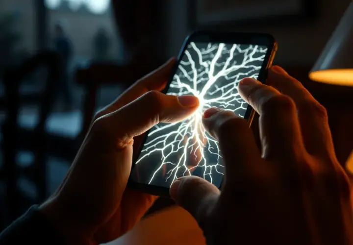 Dłonie trzymają telefon, którego ekran rozświetla błyskawicopodobny wzór. To jak sen o złamanym telefonie, gdzie technologia staje się nieokiełznaną siłą.