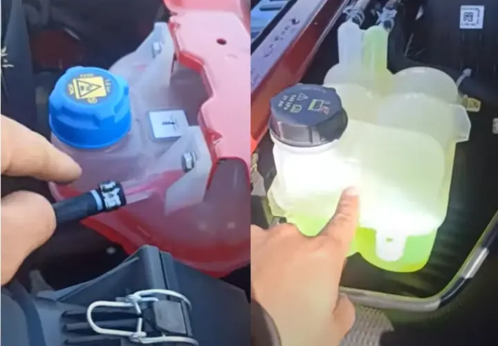 Dos depósitos de líquido refrigerante de cotxe, uno con líquido rosa y otro con líquido verde brillante.