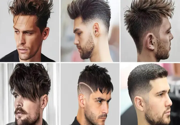 Seis hombres con cortes de pelo modernos, incluyendo un degradado hombre con líneas definidas y estilos texturizados.